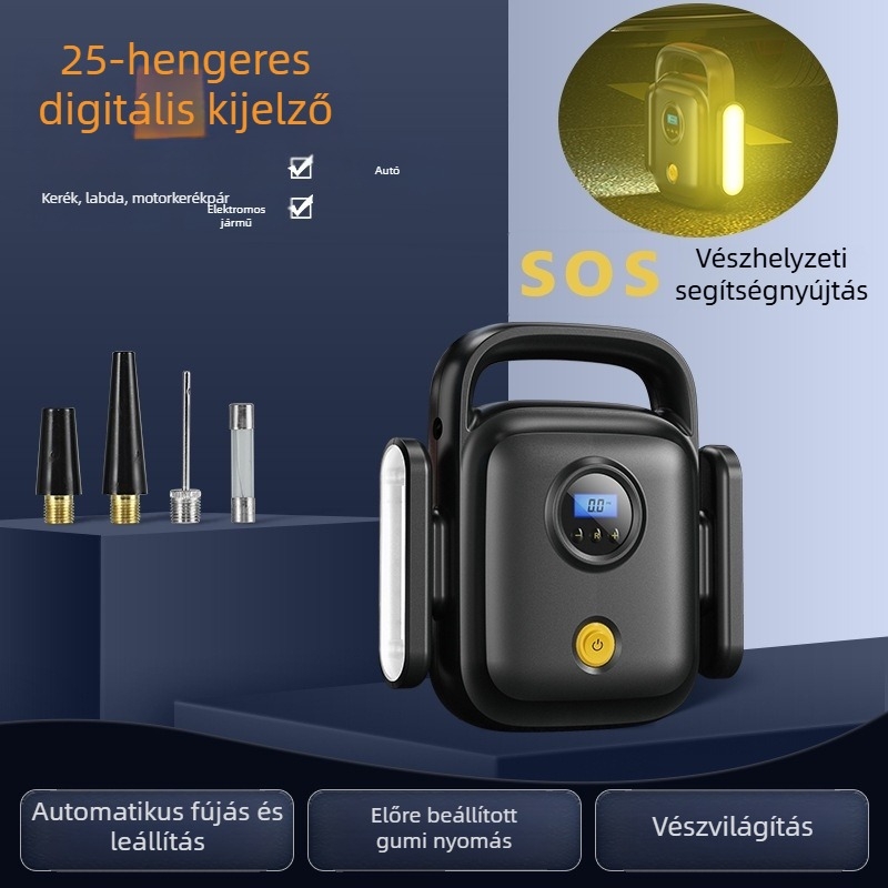 Hordozható autó légpumpa digitális kijelzővel, 12V, 120W, 60 cm cső, 35 L/min