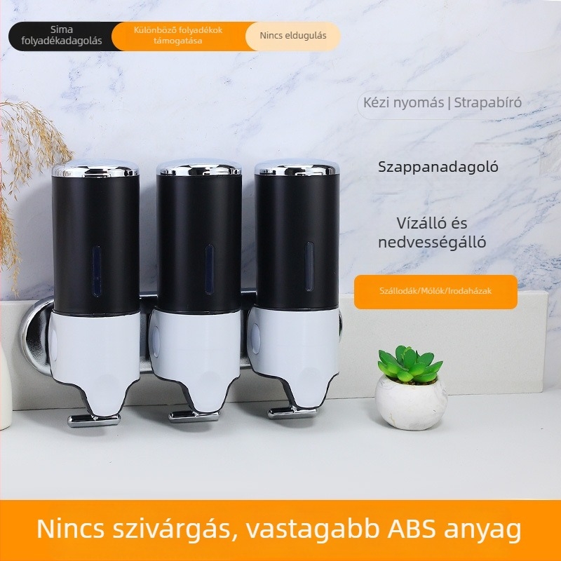 ABS műanyag háromfejű falra szerelhető kézi nyomó adagoló szappanhoz, krómozott spray felület, modern letisztult stílus, tömeg 650 g