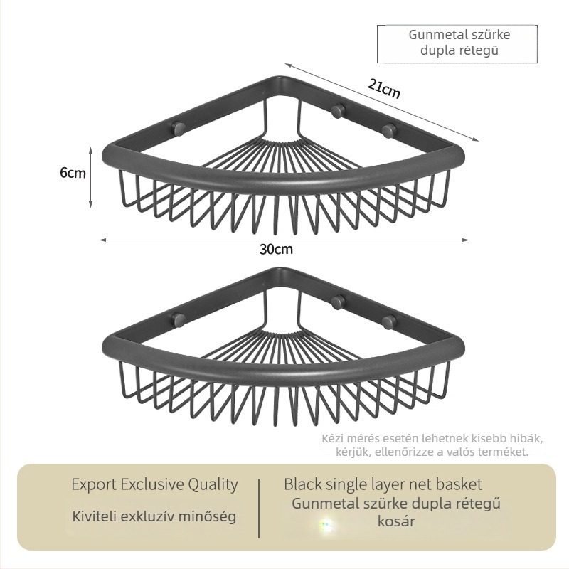 Fürdőszobai sarok tároló állvány, rozsdamentes acélból, tükörfényezésű felület, sarok ventilátor alakú, két réteg, teherbírás 5 kg