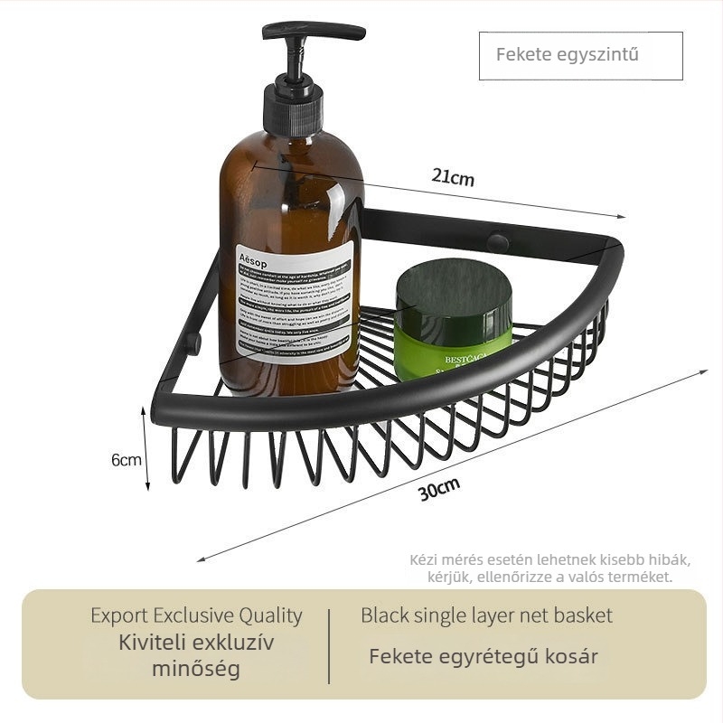 Fürdőszobai sarok tároló állvány, rozsdamentes acélból, tükörfényezésű felület, sarok ventilátor alakú, két réteg, teherbírás 5 kg