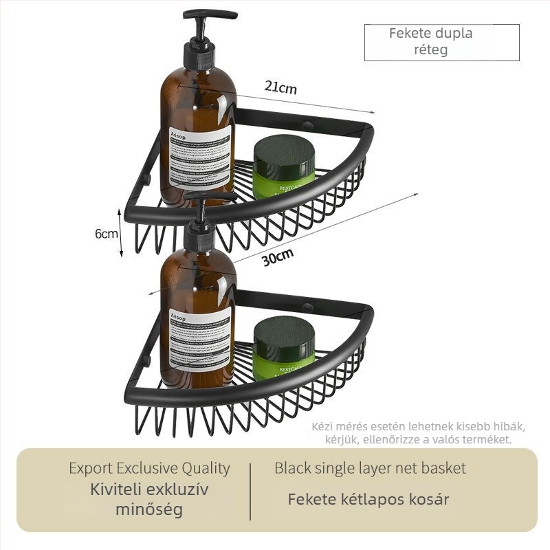 Fürdőszobai sarok tároló állvány, rozsdamentes acélból, tükörfényezésű felület, sarok ventilátor alakú, két réteg, teherbírás 5 kg