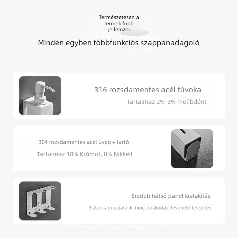 Caprena 304 rozsdamentes acél falra szerelt kézi nyomású adagoló – 3 darabos készlet, szállodai fürdőszobákhoz