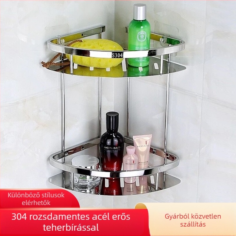Rozsdamentes acélból készült, dupla szintű sarokpolc fürdőszobába, polírozott felülettel, 15 kg terhelhetőség, modell 304