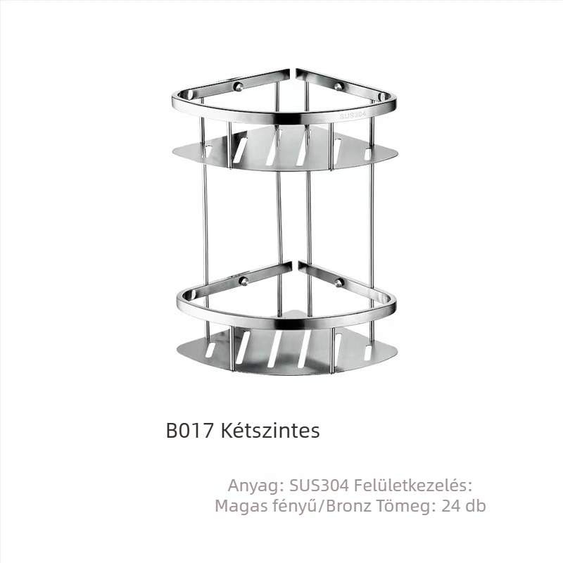 Rozsdamentes acélból készült, dupla szintű sarokpolc fürdőszobába, polírozott felülettel, 15 kg terhelhetőség, modell 304