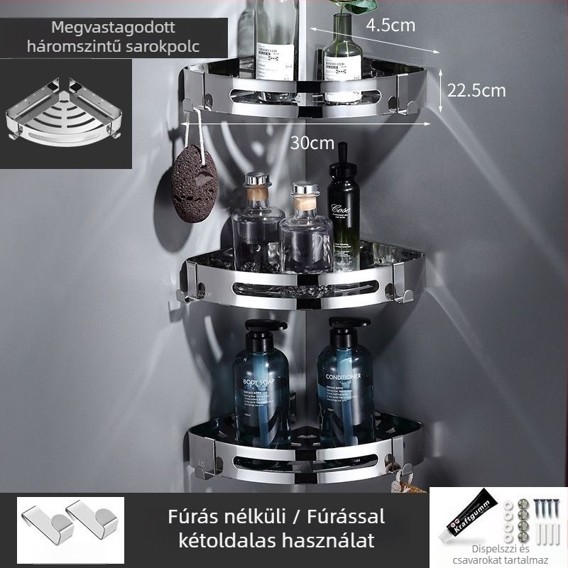 Rozsdamentes acélból készült falra szerelhető háromszög alakú fürdőszobai polc fúrás nélkül, WC- és mosdó számára