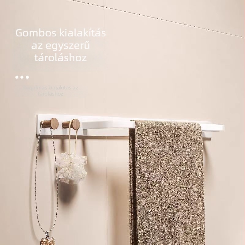 Falra szerelhető törölközőtartó, egycsapos, fa + rozsdamentes acél, hőkezelt felület, teherbírás 5 kg, kampóval, modern minimalist stílus