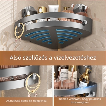Szívóval rögzíthető fürdőszobai polc, falra szerelhető, háromszög alakú sarokpolc, műanyag, injektált kivitel, 1 szint