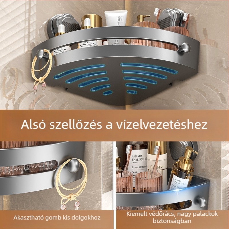 Szívóval rögzíthető fürdőszobai polc, falra szerelhető, háromszög alakú sarokpolc, műanyag, injektált kivitel, 1 szint