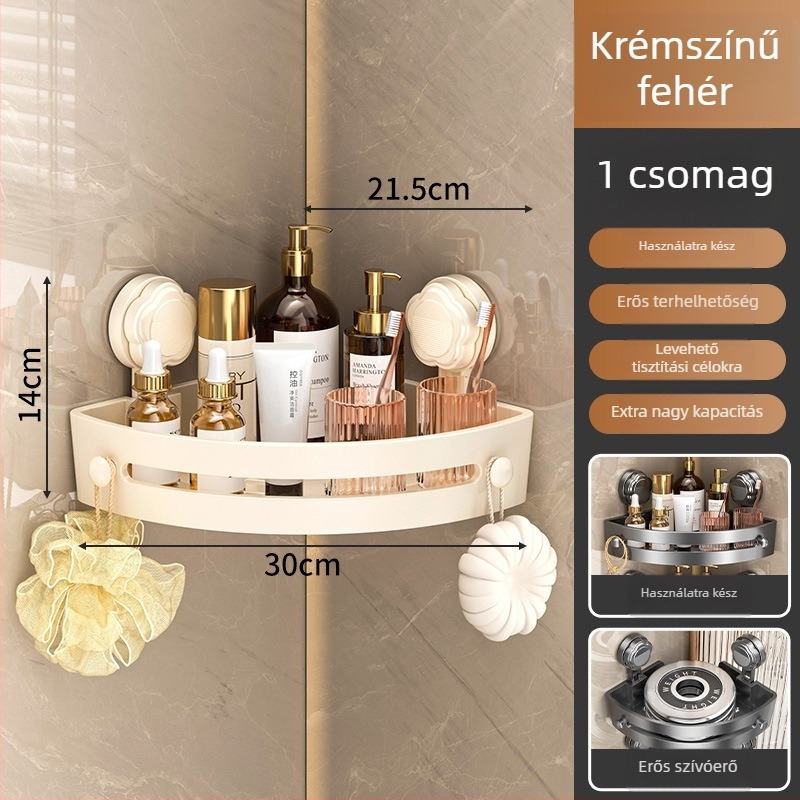 Szívóval rögzíthető fürdőszobai polc, falra szerelhető, háromszög alakú sarokpolc, műanyag, injektált kivitel, 1 szint