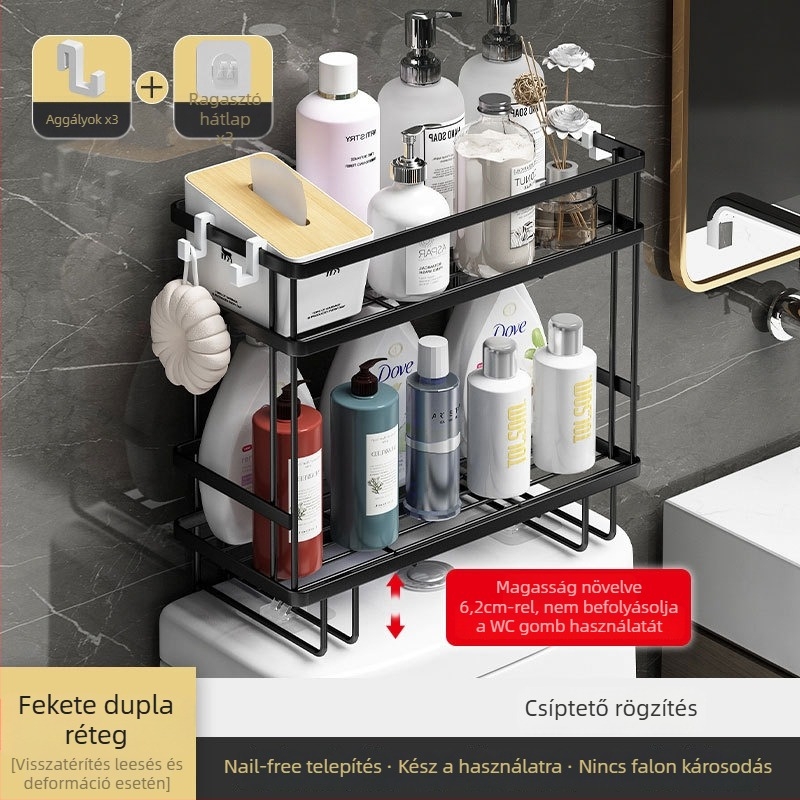 Fali WC-táras polc, két szintes fürdőszobai polc, elektroplakkal bevont felület, teherbírás 1–5 kg