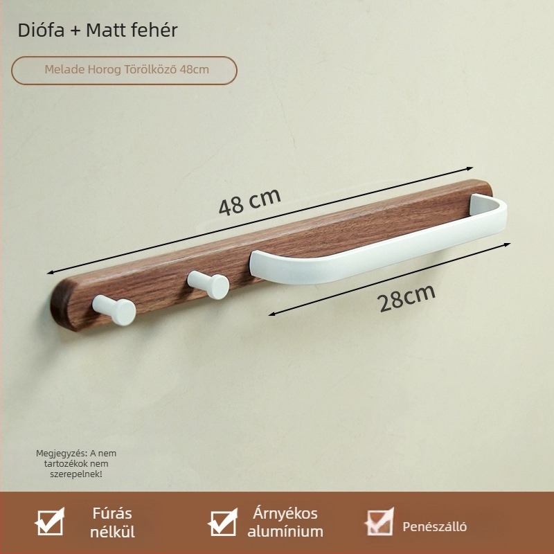 Fúrás nélküli törölközőtartó fürdőszobába - alumíniumötvözet, fa viasz felületkezelés, teherbírás 15 kg