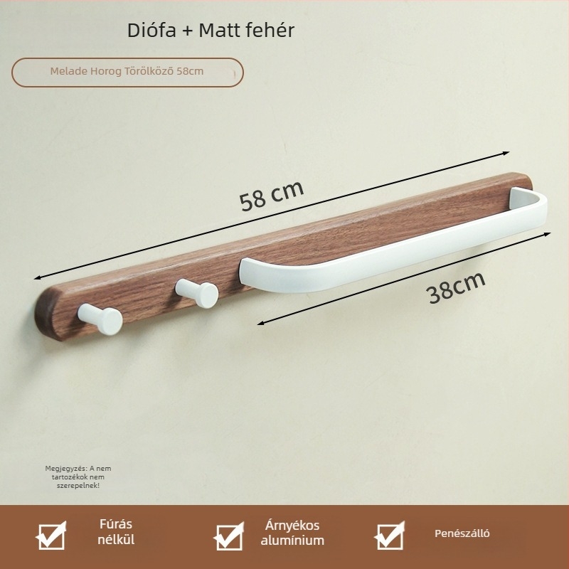Fúrás nélküli törölközőtartó fürdőszobába - alumíniumötvözet, fa viasz felületkezelés, teherbírás 15 kg