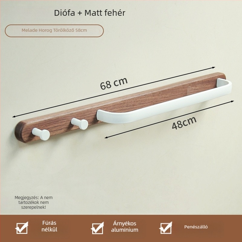 Fúrás nélküli törölközőtartó fürdőszobába - alumíniumötvözet, fa viasz felületkezelés, teherbírás 15 kg