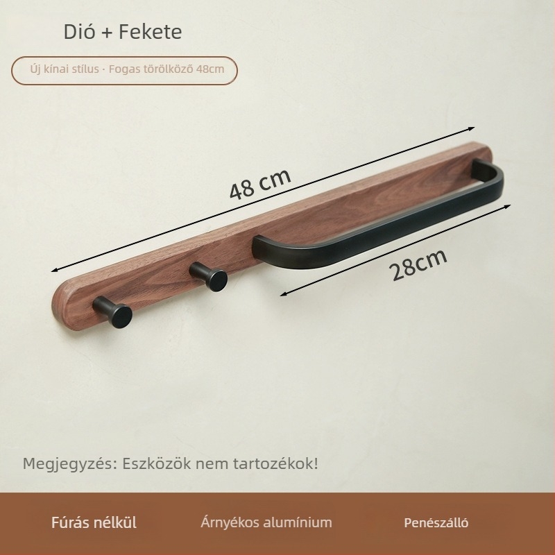 Fúrás nélküli törölközőtartó fürdőszobába - alumíniumötvözet, fa viasz felületkezelés, teherbírás 15 kg