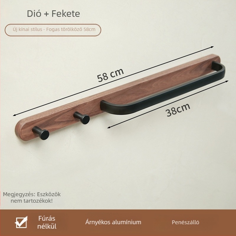Fúrás nélküli törölközőtartó fürdőszobába - alumíniumötvözet, fa viasz felületkezelés, teherbírás 15 kg