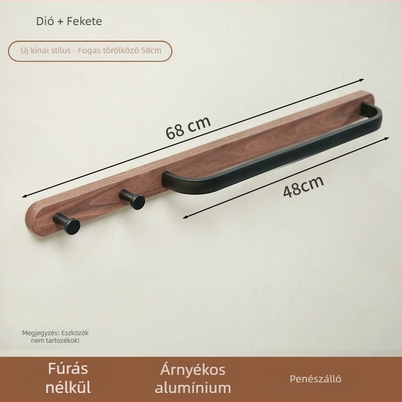 Fúrás nélküli törölközőtartó fürdőszobába - alumíniumötvözet, fa viasz felületkezelés, teherbírás 15 kg