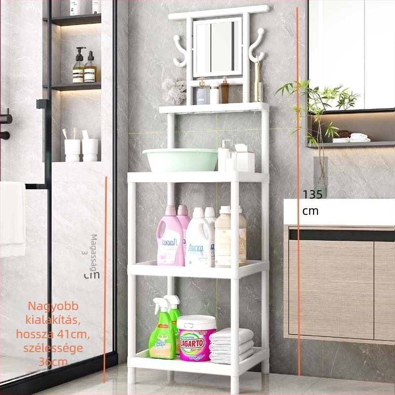 3-szintes padlóálló mosdópolc tükörrel, műanyagból, egyszerű és modern fürdőszobai tároló, mozgatható, fúrás nélküli telepítés