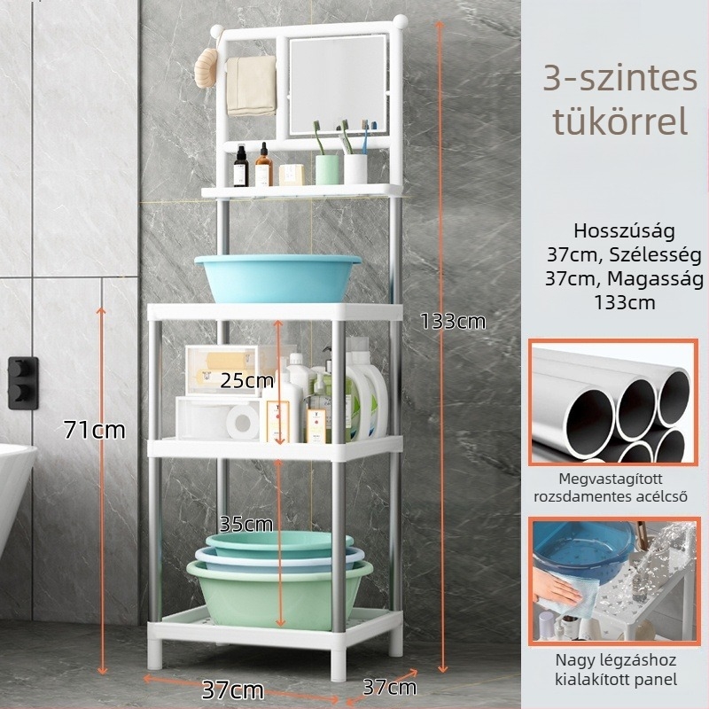 Rozsdamentes acél mosdópolc, padlóra álló, 3 réteg, tükörrel, modern fürdőszoba tároló