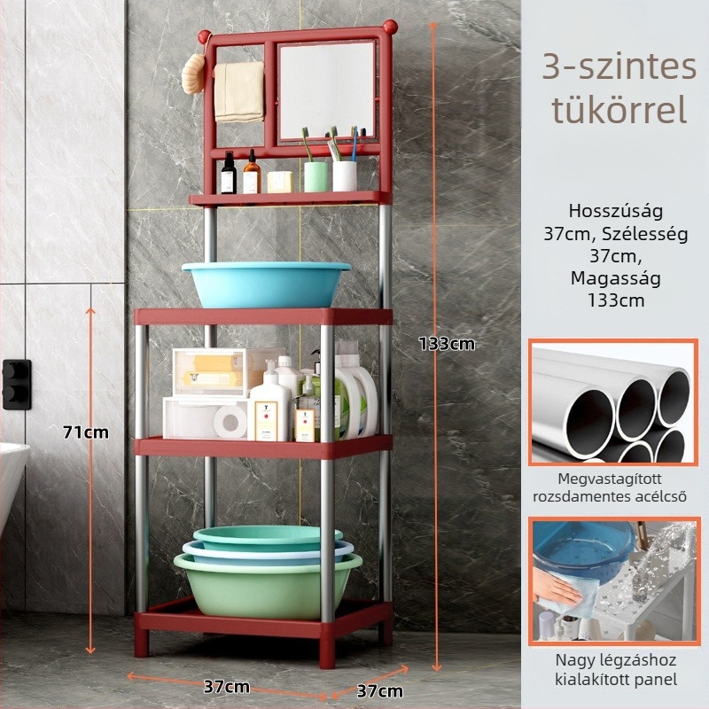 Rozsdamentes acél mosdópolc, padlóra álló, 3 réteg, tükörrel, modern fürdőszoba tároló