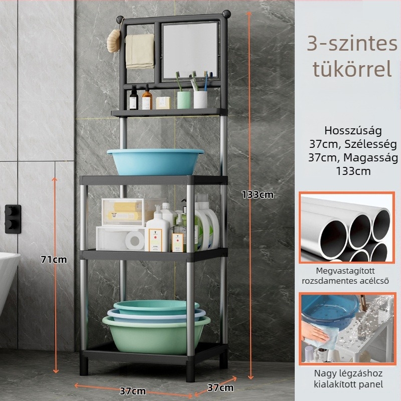 Rozsdamentes acél mosdópolc, padlóra álló, 3 réteg, tükörrel, modern fürdőszoba tároló