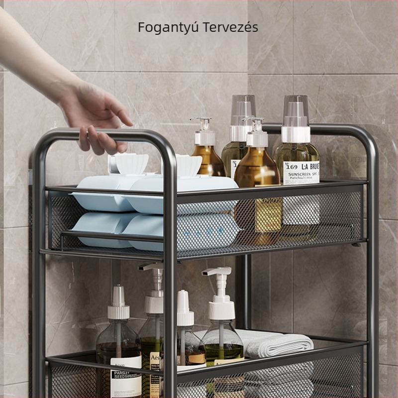 Padlóra álló fürdőszobai tároló, 5 szintes, vasból készült, mozgatható, modern minimalista stílus.