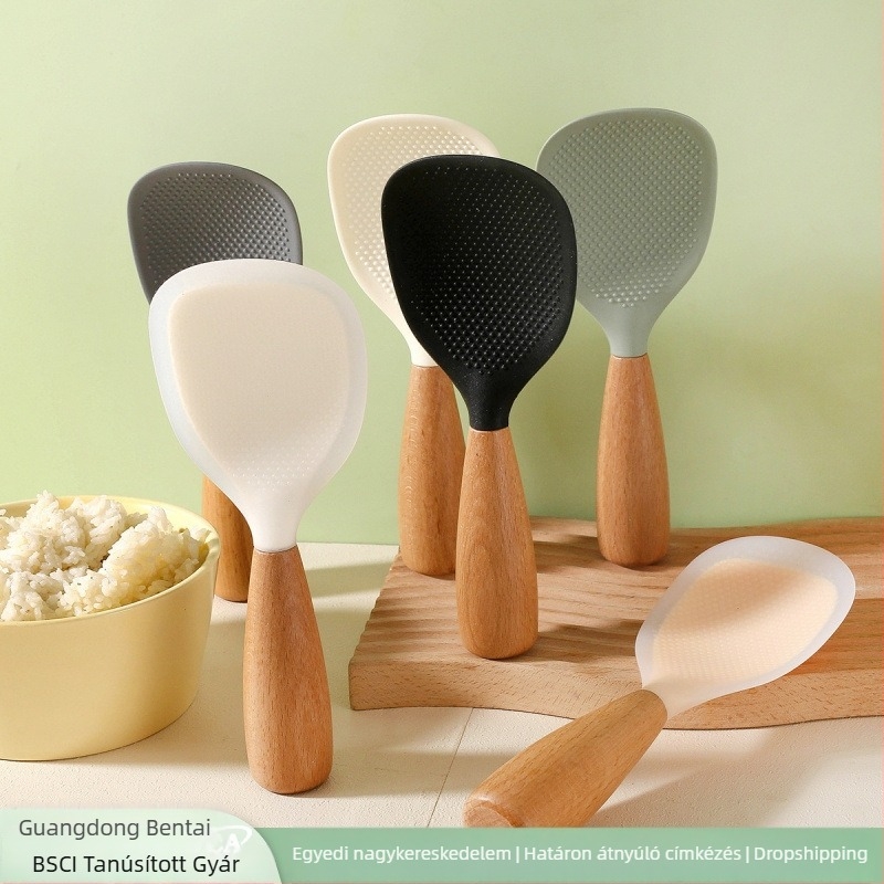 Szilikon főzőkanál fából készült nyéllel, hőálló, többfunkciós konyhai eszköz, modern minimalist stílus