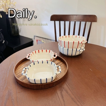 Porcelán tál, kézzel festett, japán stílusú, kerek forma, függőleges csíkokkal