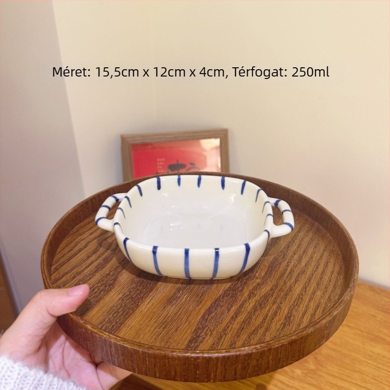 Porcelán tál, kézzel festett, japán stílusú, kerek forma, függőleges csíkokkal