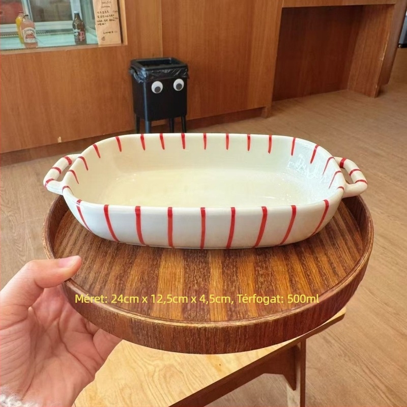 Porcelán tál, kézzel festett, japán stílusú, kerek forma, függőleges csíkokkal