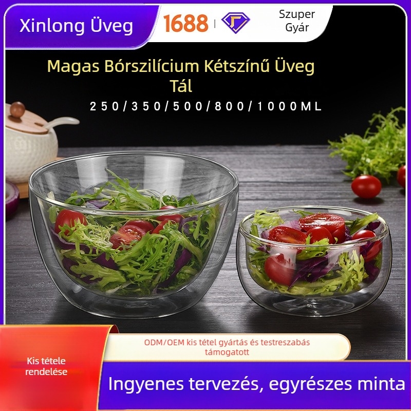 Kétszintes boroszilikát üvegből készült tál – hőálló, átlátszó, gyümölcsökhöz, joghurthoz és salátához