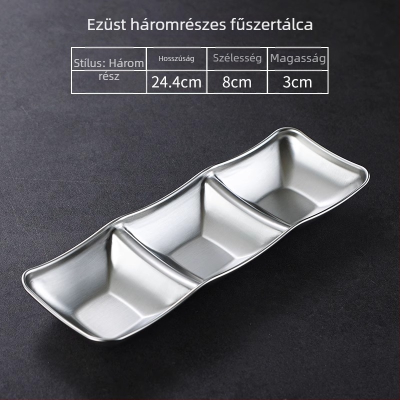 304 rozsdamentes acélból készült három rekeszű, négyszögletes tál elektroplátolt felülettel, modern minimalista stílusban