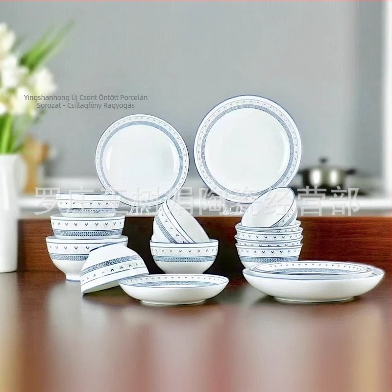 Porcelán tálak és tányérok készlete, aláglazúros virágmintával, mikrohullámú sütőben használható, modern minimalist stílus.