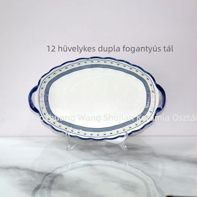 Porcelán tálak és tányérok készlete, aláglazúros virágmintával, mikrohullámú sütőben használható, modern minimalist stílus.