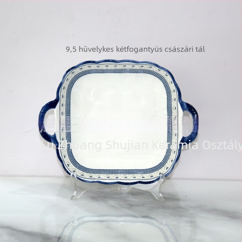 Porcelán tálak és tányérok készlete, aláglazúros virágmintával, mikrohullámú sütőben használható, modern minimalist stílus.