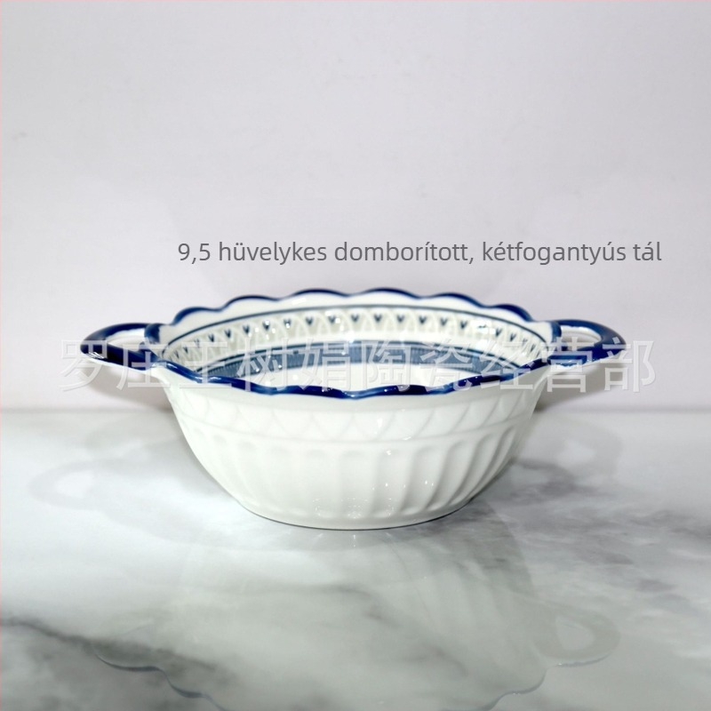 Porcelán tálak és tányérok készlete, aláglazúros virágmintával, mikrohullámú sütőben használható, modern minimalist stílus.