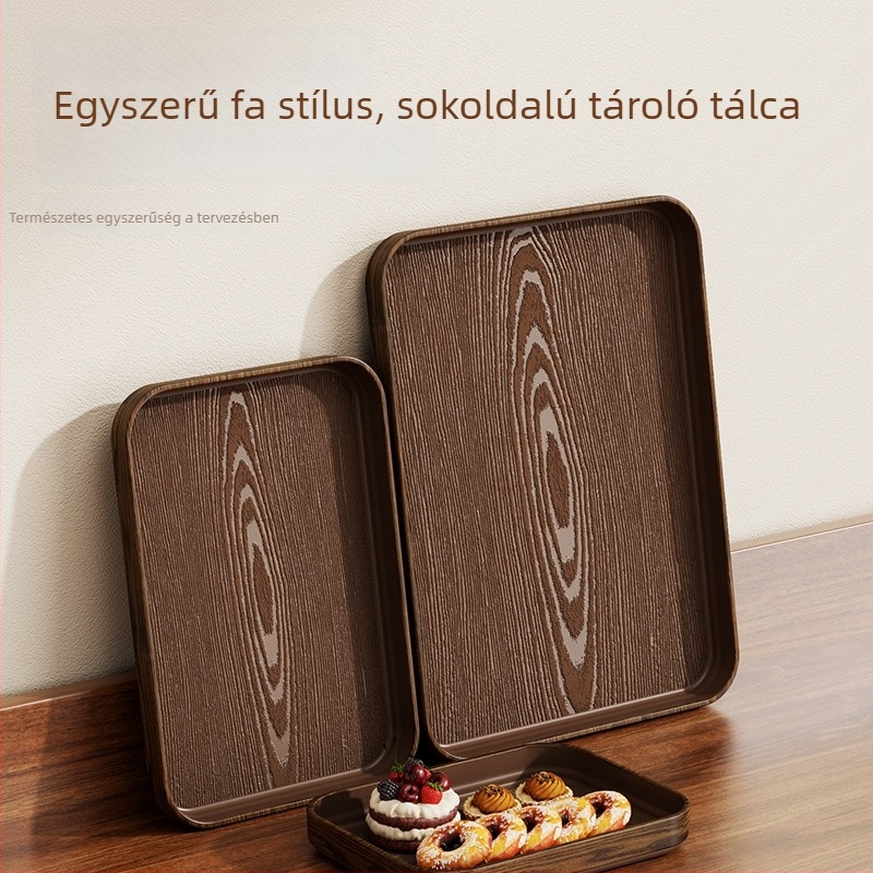Műanyag tálca fa erezetes mintával, téglalap alakú, japán stílusú, egybeöntött tálaló tálca