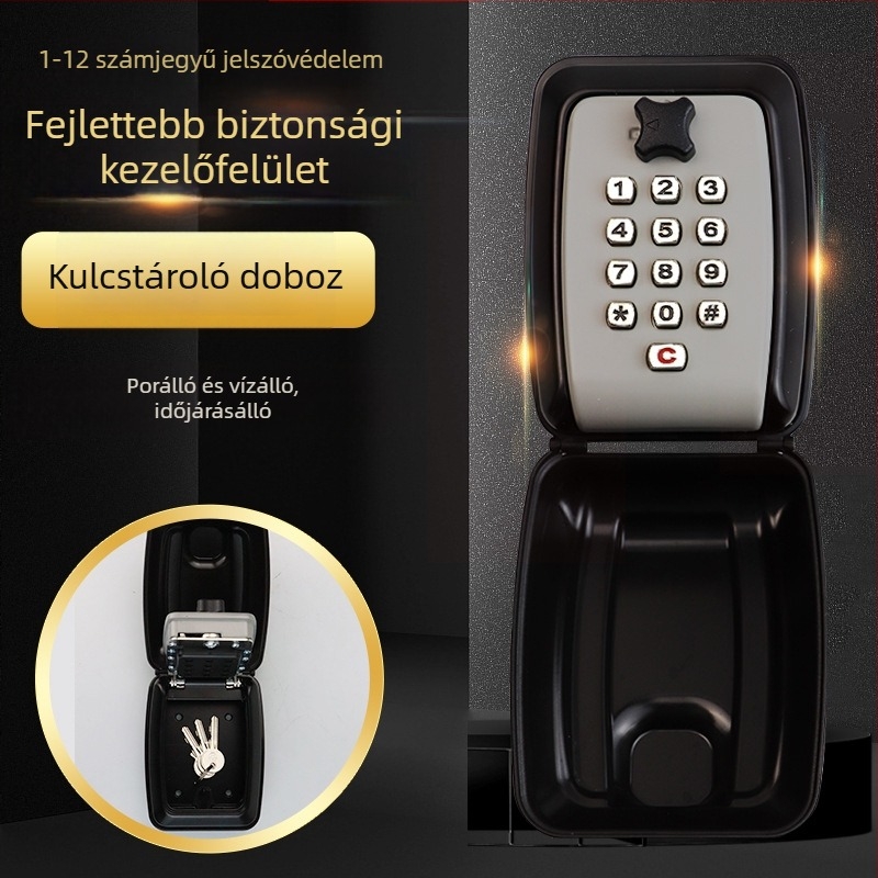 Mechanikus jelszavas kulcstartó doboz, cinkötvözet kivitel, modell G14, falra szerelhető, gombos kombinációs zár.