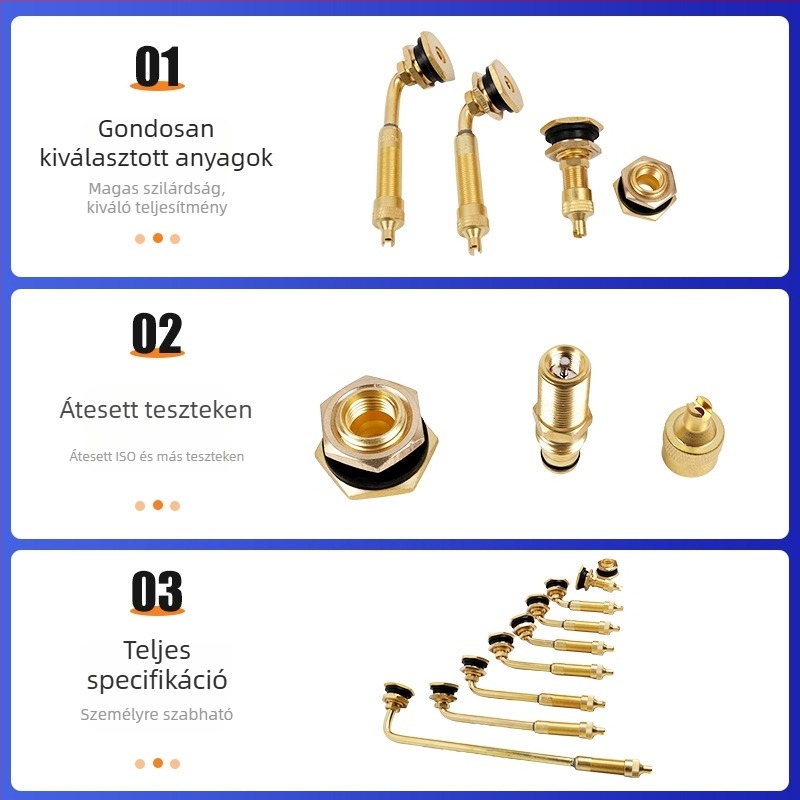 Gumiabroncs tubeless szelep, réz testtel, nagy magkamra, préselt szerelés