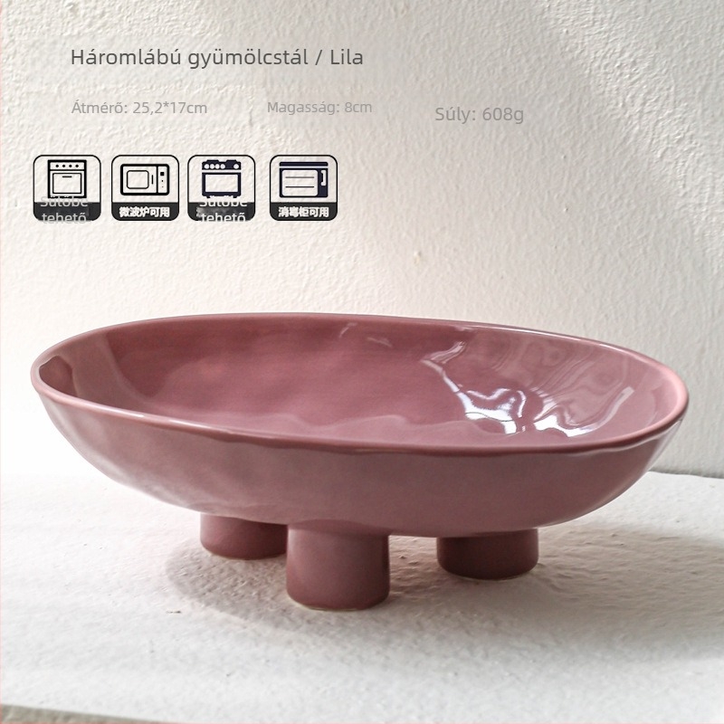 Háromlábú porcelán gyümölcstál, kézzel készített, egyszerű stílus, könnyed luxus