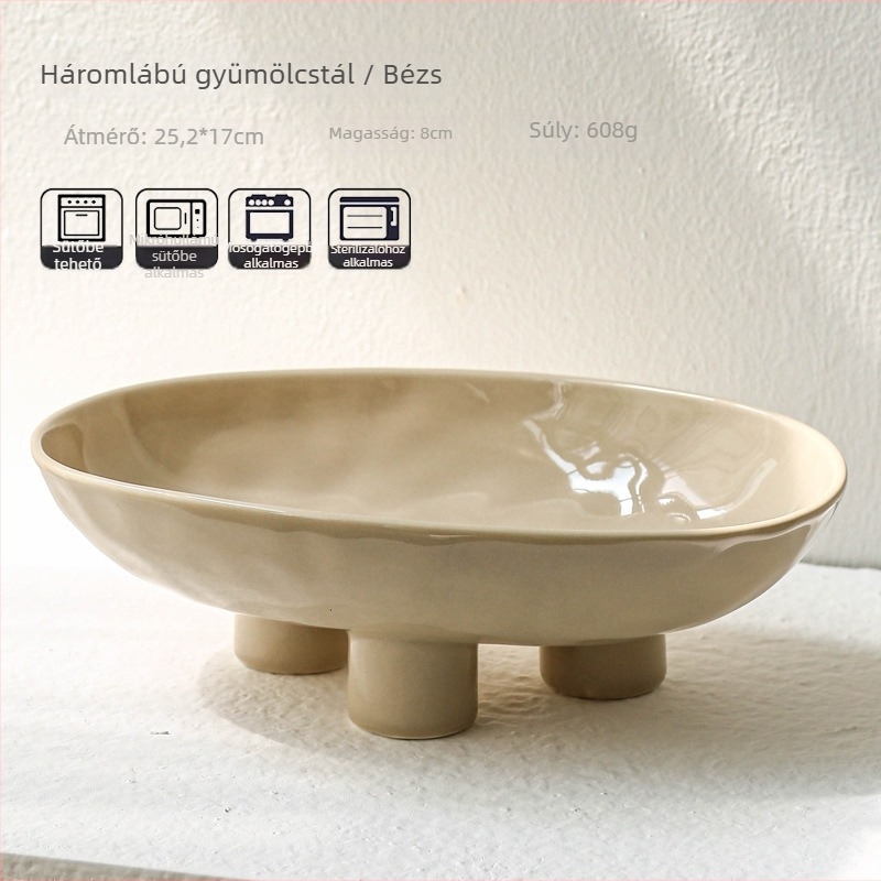 Háromlábú porcelán gyümölcstál, kézzel készített, egyszerű stílus, könnyed luxus