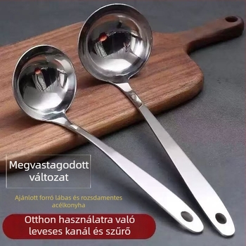Rozsdamentes acélból készült főzőkanál szűrővel, konyhai eszköz; Anyag: rozsdamentes acél; Fogantyú anyaga: 201 rozsdamentes acél