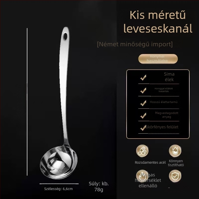 Rozsdamentes acélból készült főzőkanál szűrővel, konyhai eszköz; Anyag: rozsdamentes acél; Fogantyú anyaga: 201 rozsdamentes acél