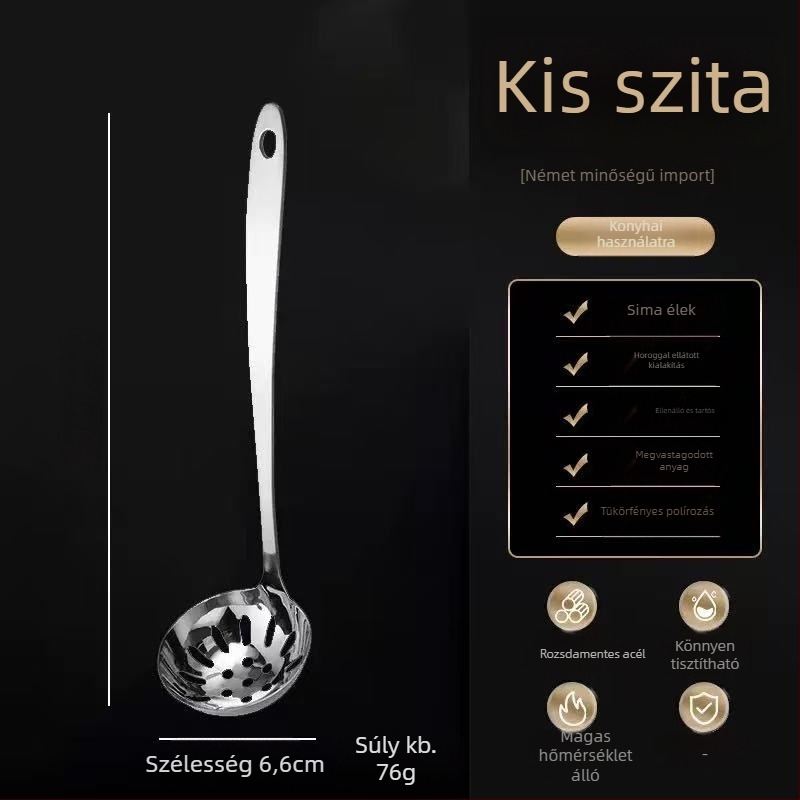 Rozsdamentes acélból készült főzőkanál szűrővel, konyhai eszköz; Anyag: rozsdamentes acél; Fogantyú anyaga: 201 rozsdamentes acél