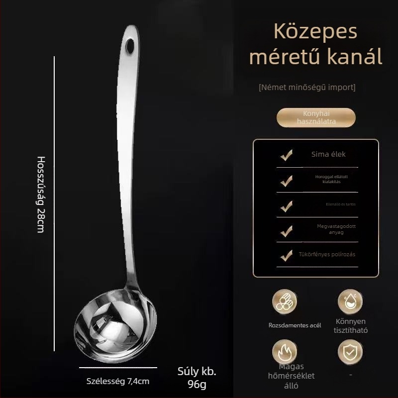 Rozsdamentes acélból készült főzőkanál szűrővel, konyhai eszköz; Anyag: rozsdamentes acél; Fogantyú anyaga: 201 rozsdamentes acél