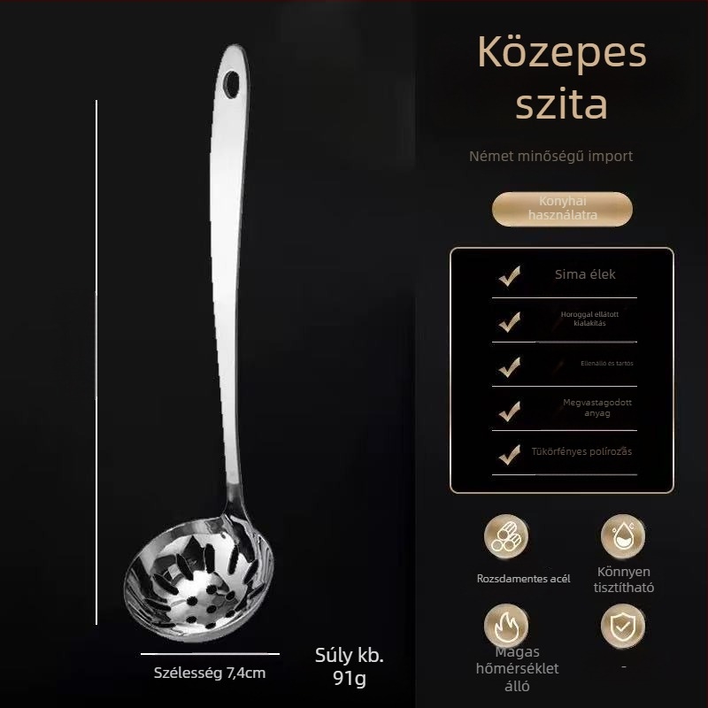Rozsdamentes acélból készült főzőkanál szűrővel, konyhai eszköz; Anyag: rozsdamentes acél; Fogantyú anyaga: 201 rozsdamentes acél
