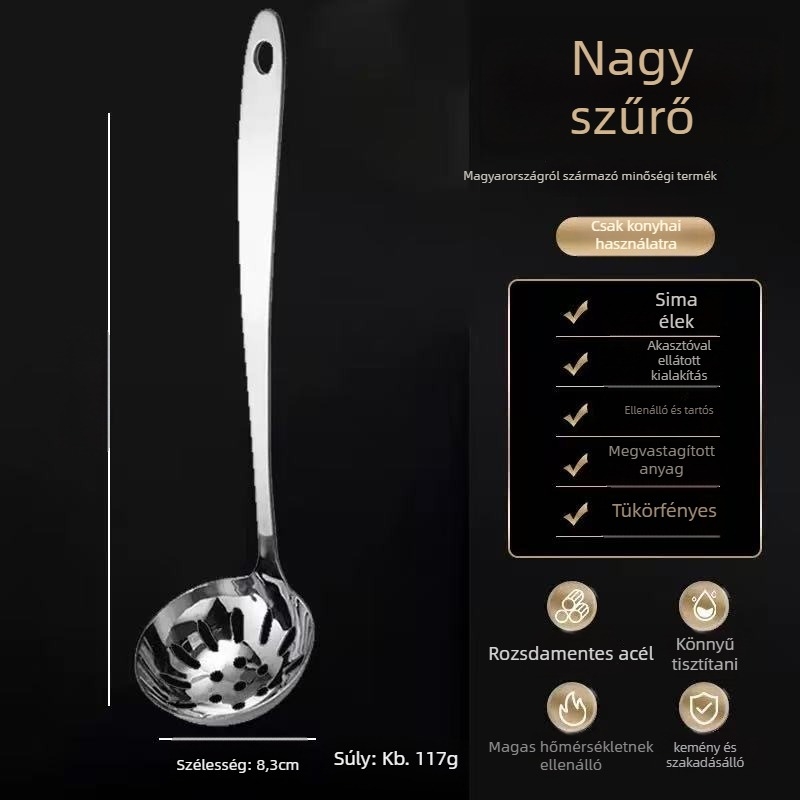 Rozsdamentes acélból készült főzőkanál szűrővel, konyhai eszköz; Anyag: rozsdamentes acél; Fogantyú anyaga: 201 rozsdamentes acél