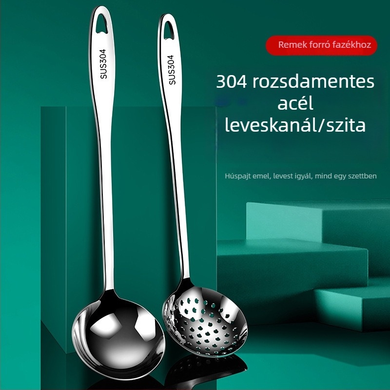 Főzőkanál - 304 rozsdamentes acél, vastagított design, hosszú nyelet, csúszásmentes és hőálló, logónyomás és testreszabás