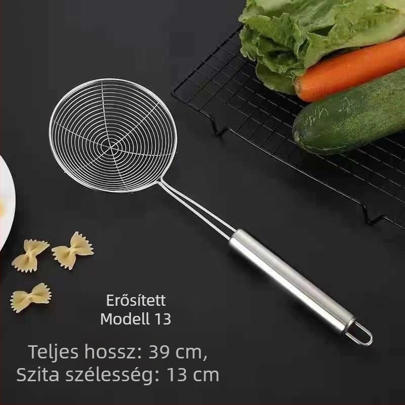 Háztartási rozsdamentes acél szitáló kanál – magas hőmérsékletnek ellenálló, anyag: 201 rozsdamentes acél, nyél rozsdamentes acélból