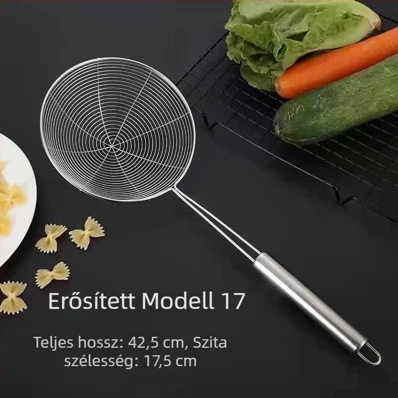 Háztartási rozsdamentes acél szitáló kanál – magas hőmérsékletnek ellenálló, anyag: 201 rozsdamentes acél, nyél rozsdamentes acélból