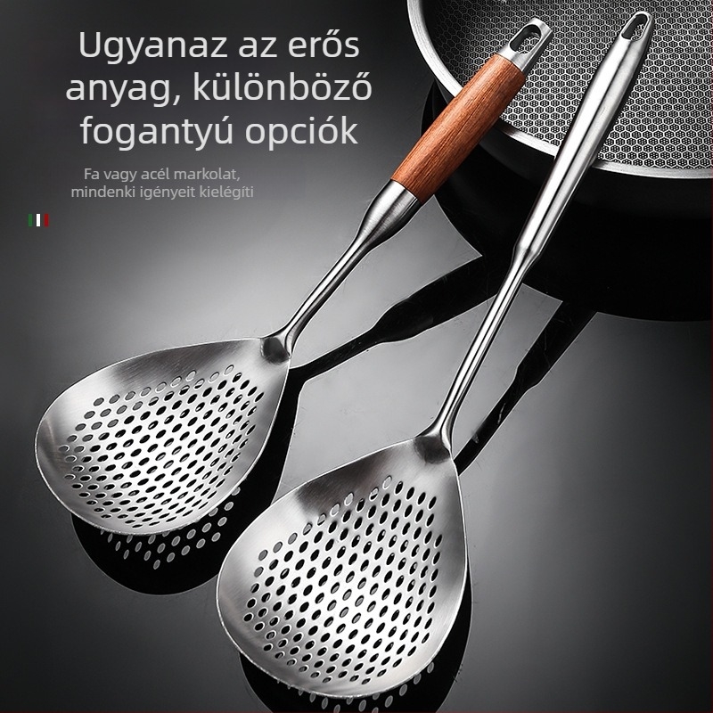 A good family 201 rozsdamentes acél hálós főző spatula; nyele acél-fa kombináció; tapadásmentes, csúszásmentes, hőálló; ideális tésztához, knédlihez és forró fazékhoz.